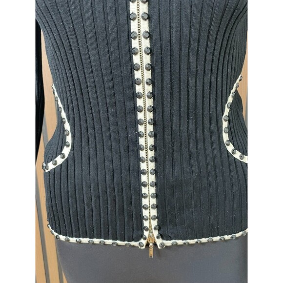 Cache Women's S Black Sweater 100% Silk Cardigan Ribbed Knit Stretch Y2K Zip - Picture 7 of 8
